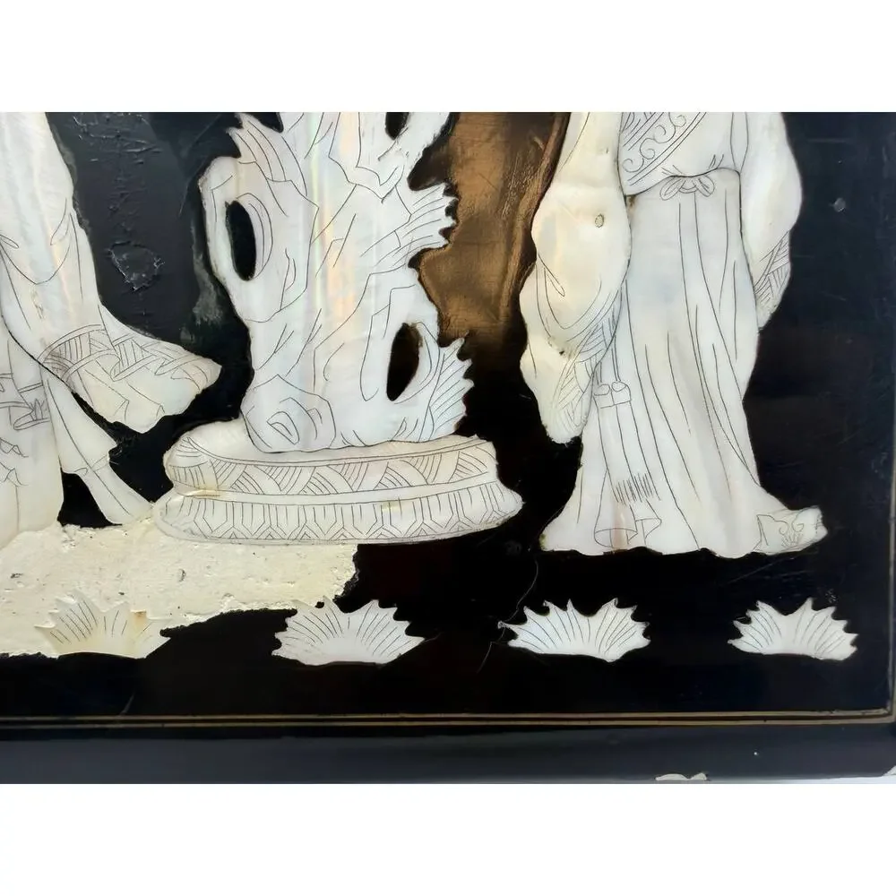 Asian Black Lacquer Jewelry Box Mother of Pearl Inlay Red Velvet 2.35 lb